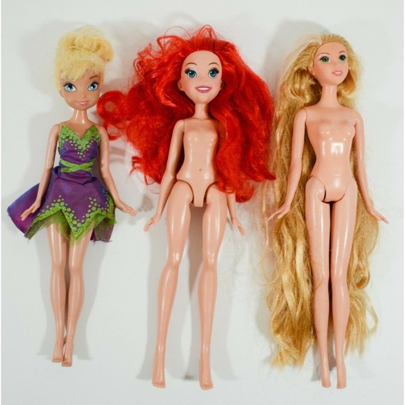 Lot of 3 Disney Princess Dolls Toys Nude Ariel, Rapunzel, & Tinkerbell w/ Dress - Picture 9 of 9